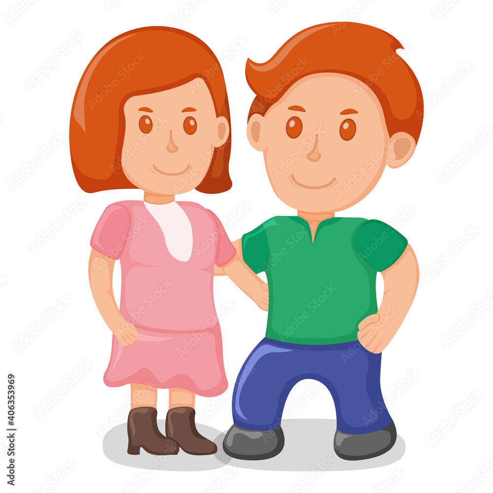 Cute lovely pair male and female character, lovers date standing together hugs, cartoon vector illustration, isolated on white.