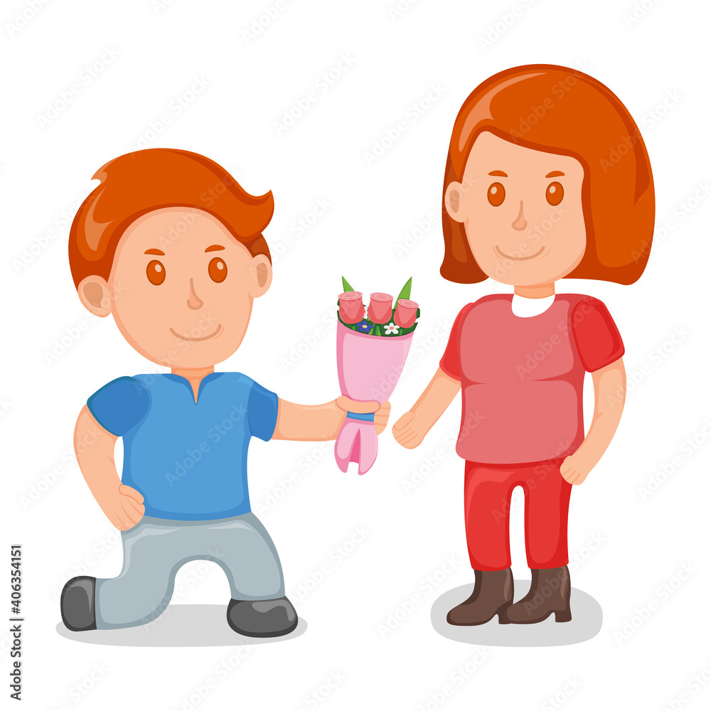 Young lover male give bouquet flower to female character, lovely people couple, standing together cartoon vector illustration, isolated on white. Young lover male give bouquet flower to female character, lovely people couple, standing together cartoon vector illustration, isolated on white.