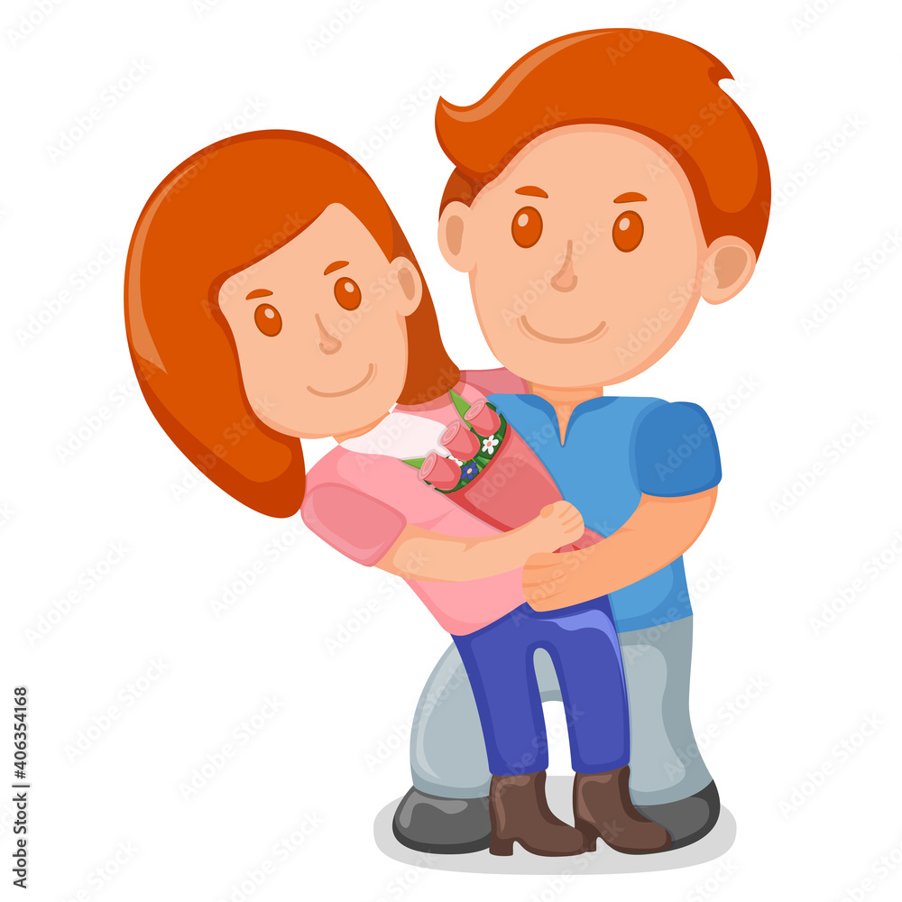 Young lovely male character holding female on arms, lover people couple, standing together cartoon vector illustration, isolated on white.