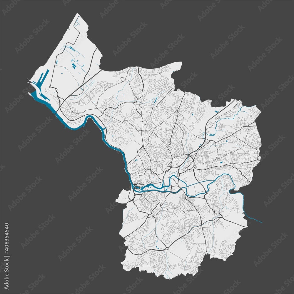 Detailed map of Bristol city, Cityscape. Royalty free vector illustration.