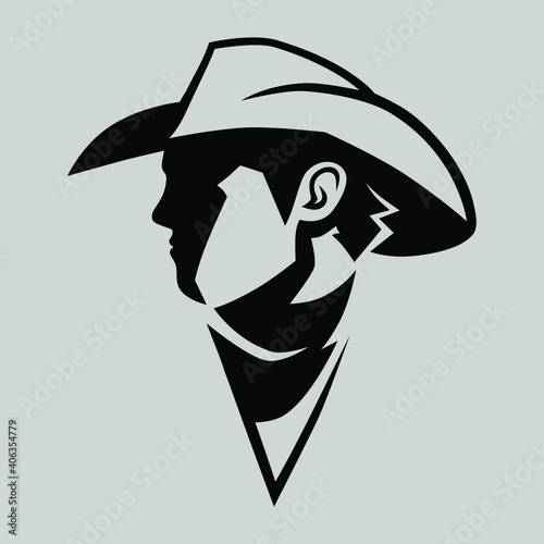 Cowboy portrait side view symbol on gray backdrop. Design element