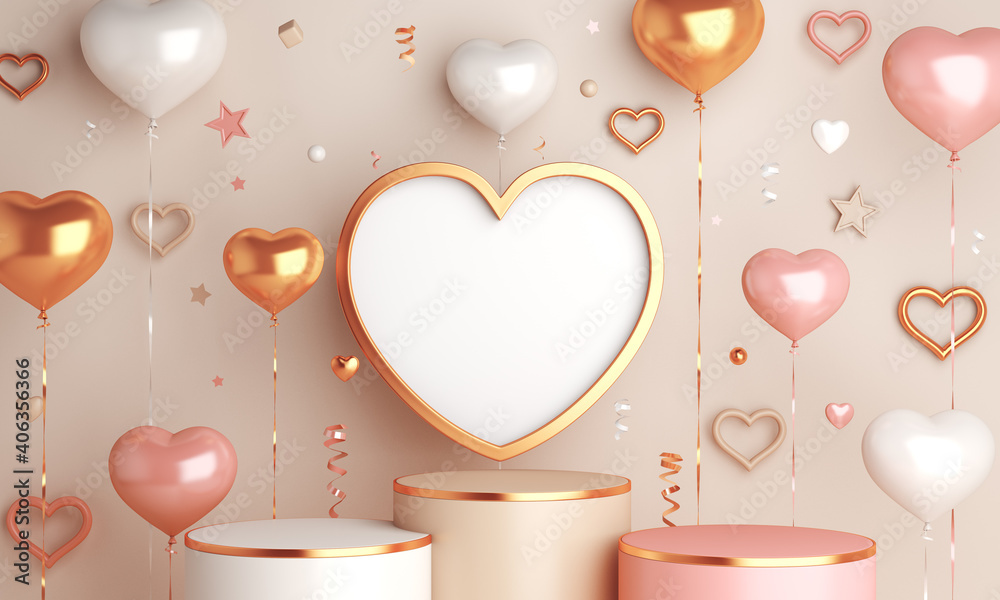 Happy valentines day podium display decoration with heart shape balloon, confetti, 3D rendering illustration - obrazy, fototapety, plakaty 