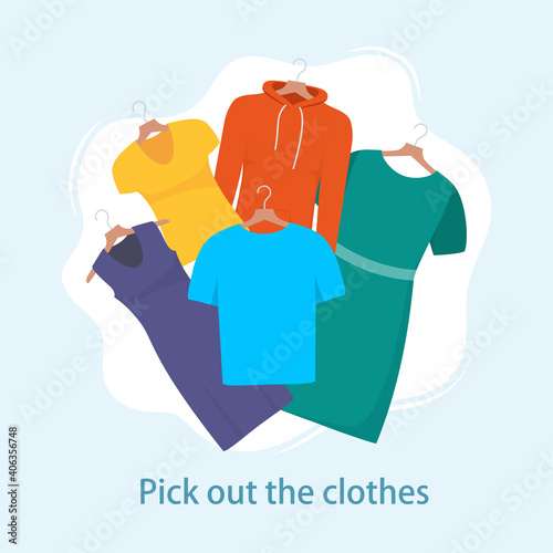 Men and women casual clothes on hangers. Different casual things: dress, t shirt, sweatshirt. Choosing clothes concept. Vector illustration in flat style.
