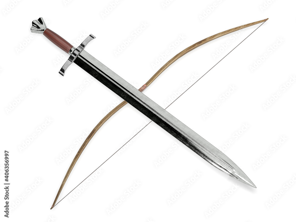 Medieval sword crossed longbow 3d rendering Medieval sword crossed longbow 3d rendering