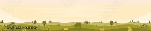 Beautiful fields landscape with a green hills, trees, bushes. Rural landscape in the warm dawn colours. Countryside background Horizontal banner template. Vector flat illustration.