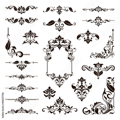 Ornamental design lace borders and corners Vector set art deco floral ornaments elements