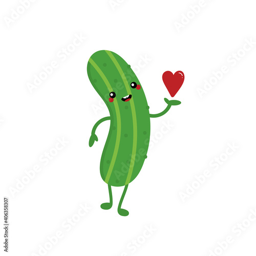 Cute fresh green cartoon style cucumber character holding in hand red heart. Love, appreciation and caring concept.
