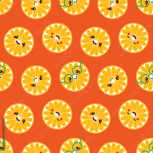 Vector seamless pattern background with cute smiling cartoon style round orange slice characters for food design.