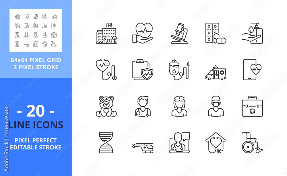 Line icons about medical care, Health care concept. Pixel perfect 64x64 and editable stroke