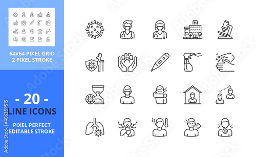 Line icons about coronavirus. Health care concept. Pixel perfect 64x64 and editable stroke