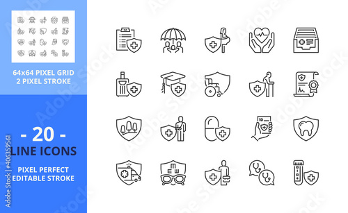 Line icons about health insurance. Health care concept. Pixel perfect 64x64 and editable stroke