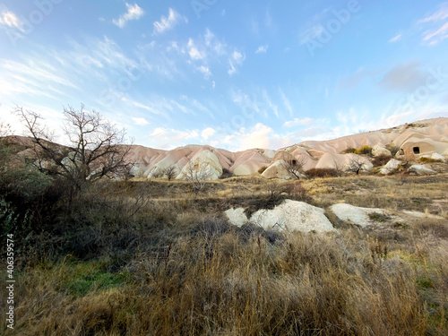 Pigeon valley in Cappadocia, Turkey. View of hills and mountains. Beautiful autumn landscape