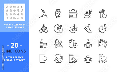 Line icons about healthy lifestyle. Health care concept. Pixel perfect 64x64 and editable stroke