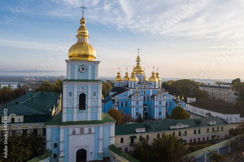 Aerial drone panoramic city view. St. Michael's Cathedral in Kiev on a clear autumn morning. View from above. Space for text.