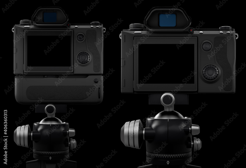 Photo and video tripod with nonexistent DSLR camera on it isolated on black