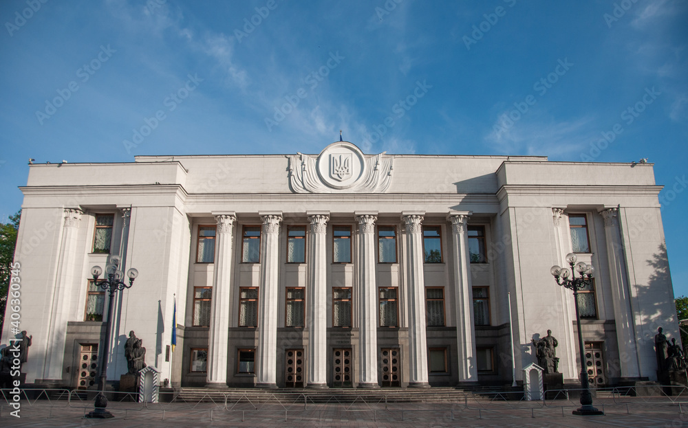Obraz premium Kiev, Ukraine - June 13, 2020: Building of Ukrainian Parliament or Verhovna Rada in Kyiv. 