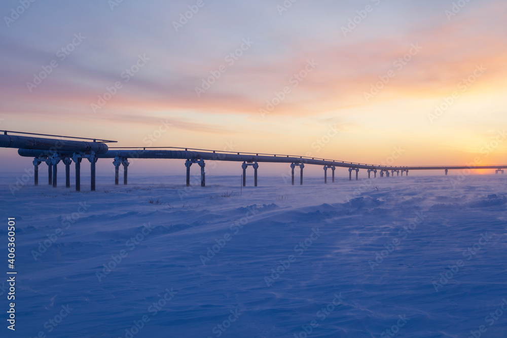 Gas pipelines, pipes for gas and oil transportation, oil and gas industry, gas and oil fields in the far north, gas pipeline in winter at sunset