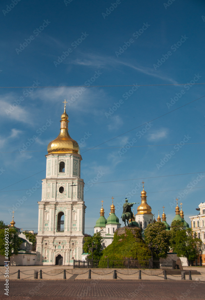 The famous ancient St. Sophia Cathedral and it's bell tower in Kiev. Сapital of Ukraine. UNESCO World Heritage monument of architecture in the territory of Ukraine. Space for text.