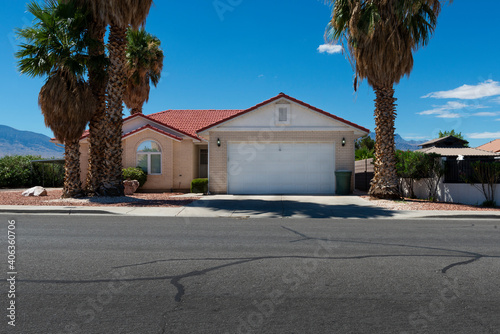 The facade of a residential house in a suburb area in the State of Nevada, USA.