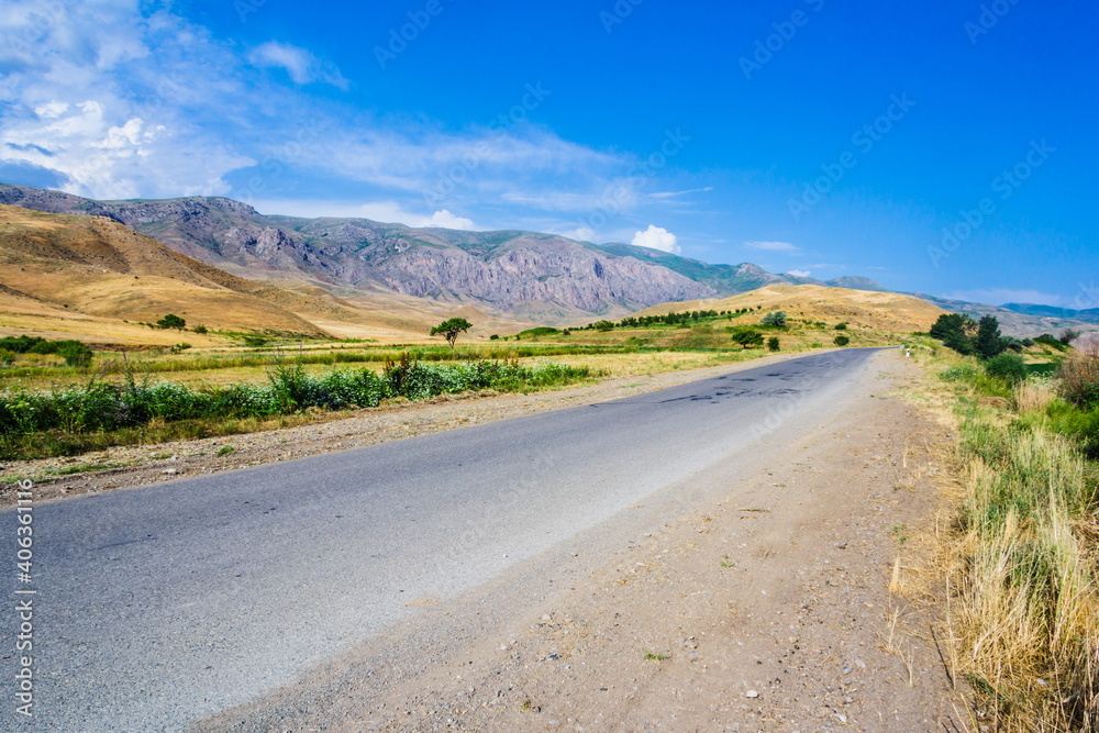 road in the middle of blooming green meadows in Armenia road in the middle of blooming green meadows in Armenia