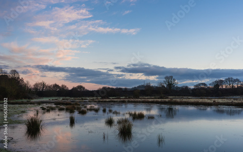 Sunrise over the Bowling Green Marsh and River Clyst, Topsham, Devon, England, Europe