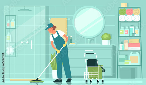Cleaning service. A woman cleaning lady in uniform washes the floor with a mop in the bathroom.