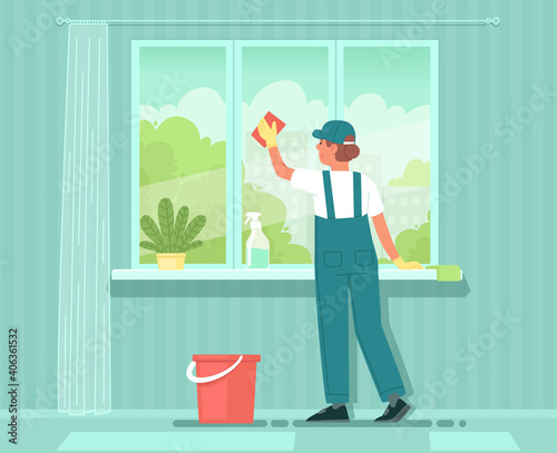 Cleaning service. A woman cleaner in uniform washes the window with detergent. House or apartment cleaning