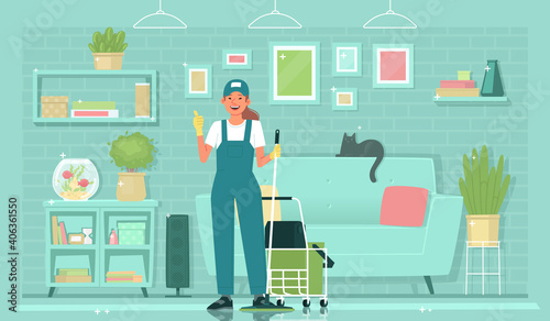 Cleaning service. Female janitor in uniform shows gesture  cool in front of tidy clean sparkling living room