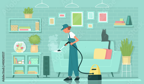 Cleaning service. Steam treatment of the surface. Steamer. Woman cleaner cleans the sofa. Vector illustration