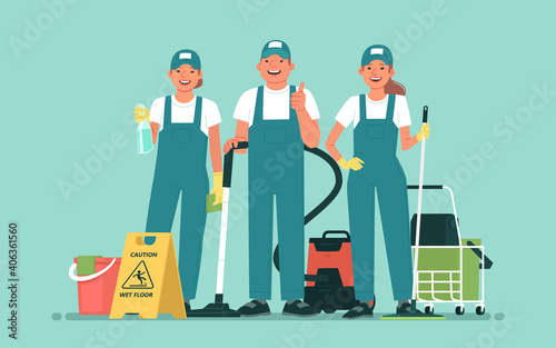 Cleaning service. Team of happy employees with cleaning equipment on an isolated background