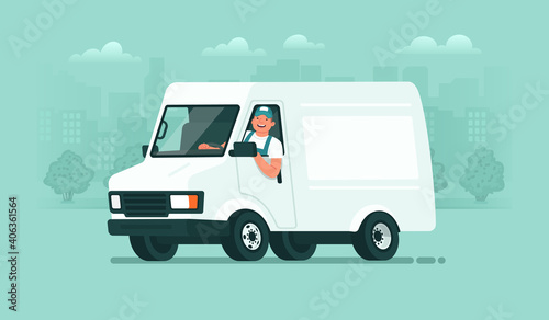 Delivery service. A male driver in uniform rides in a van against the backdrop of the city. Carrier