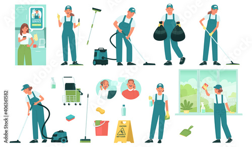 Set of cleaning service employees and equipment and tools for cleaning premises. Cleaning order