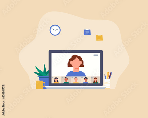 Work from home, video conference, online meeting, video call. Workplace, laptop screen, diverse colleagues or friends talking via internet. Stream, web chatting concept .Vector illustration