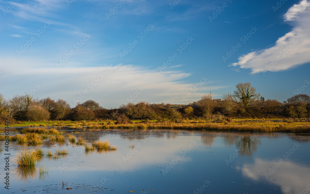 Sunrise over the Bowling Green Marsh and River Clyst, Topsham, Devon, England, Europe Sunrise over the Bowling Green Marsh and River Clyst, Topsham, Devon, England, Europe