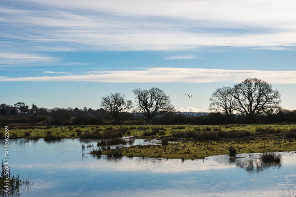 Sunrise over the Bowling Green Marsh and River Clyst, Topsham, Devon, England, Europe