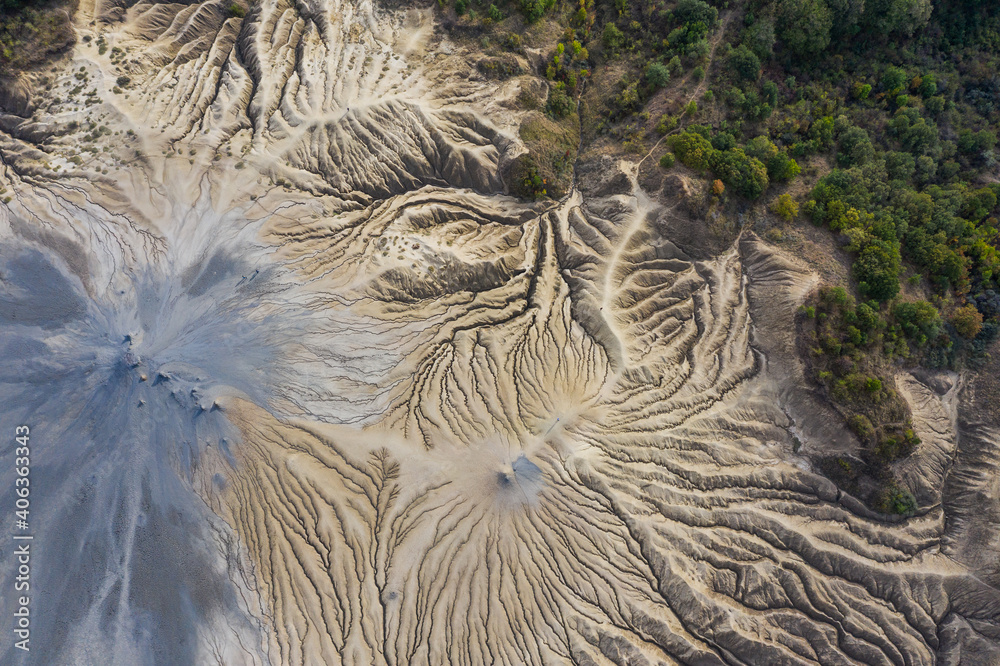 Muddy Volcanoes, Romania. Aerial view of the Buzau county mud volcanoes.
