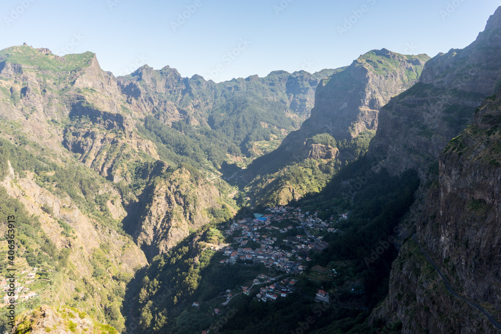 Viewpoint Eira do Serrado looking to Curral das Freiras Village in the Nuns Valley in beautiful mountain scenery, Madeira Island
