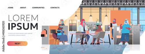 arabic businesspeople in masks discussing during meeting in creative coworking center coronavirus pandemic concept modern office interior horizontal full length copy space vector illustration