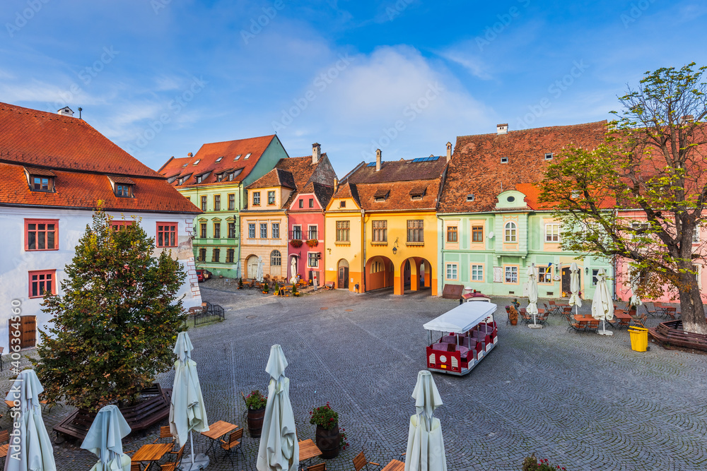 Sighisoara, Romania. Main square of the medieval town, Transylvania.