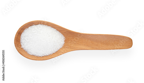 Monosodium Glutamate on wooden spoon isolated on white background. Top view