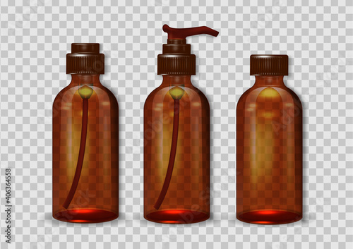 Brown cosmetic bottles isolated on transparent background.