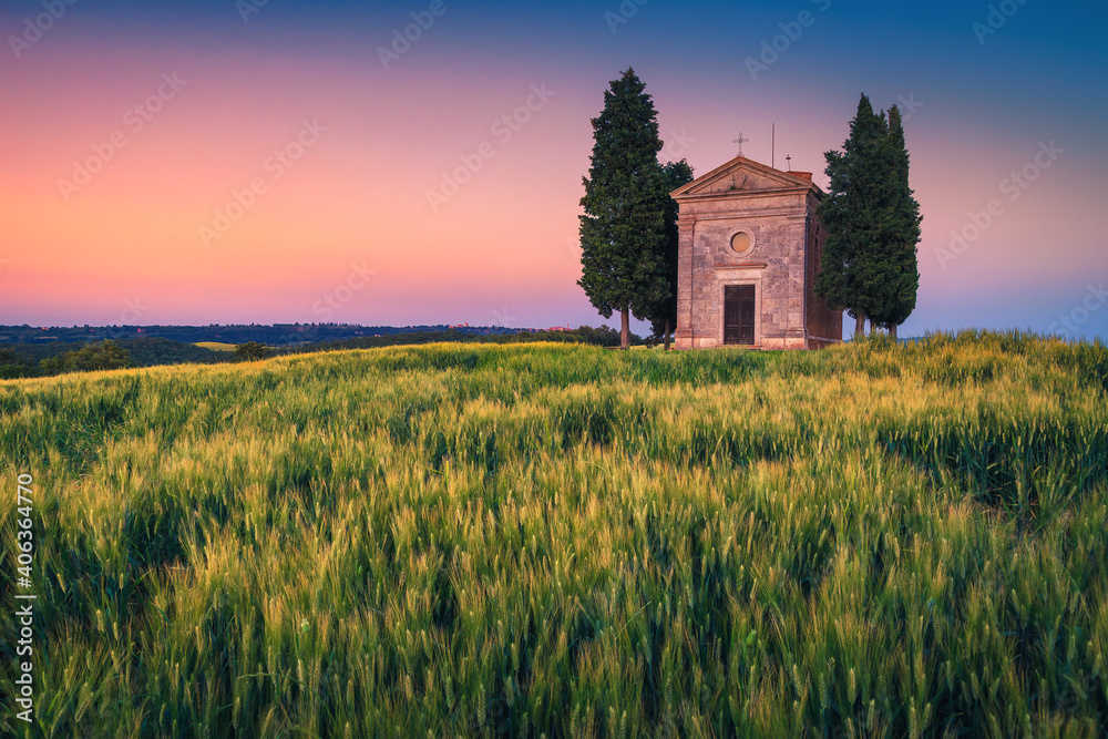 Fototapeta premium Small Vitaleta chapel and grain fields at sunset, Tuscany, Italy