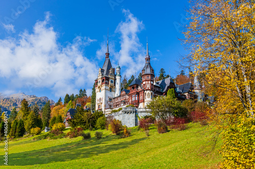 Peles castle in autumn. Sinaia, Prahova county, Romania.