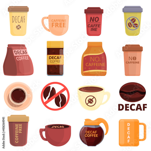 Decaffeinated coffee icons set. Cartoon set of decaffeinated coffee vector icons for web design