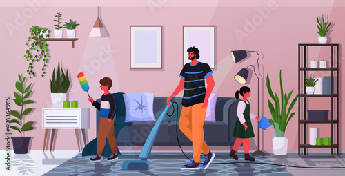 father with daughter and son having fun while cleaning parenting fatherhood friendly family concept dad spending time with his kids at home full length horizontal vector illustration