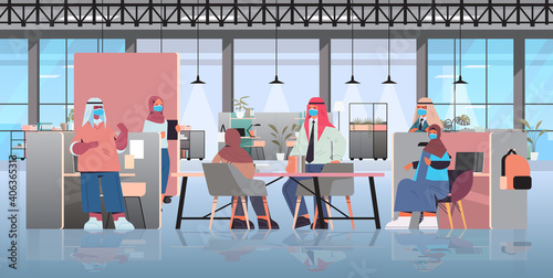 arabic businesspeople in masks discussing during meeting in creative coworking center coronavirus pandemic teamwork concept modern office interior horizontal full length vector illustration