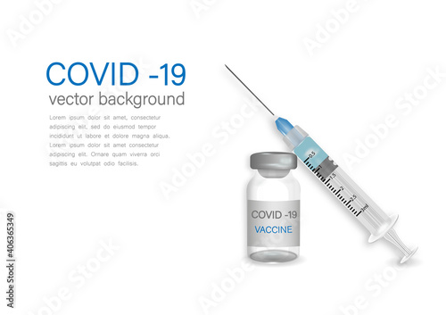 Vector banner with 3d realistic bottle and syringe. COVID-19 coronavirus vaccine. Closeup isolated on white background. Drug ampoule design template, clipart, mockup.