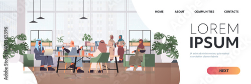 arabic businesspeople in masks working together in creative coworking center coronavirus pandemic teamwork concept modern office interior horizontal full length copy space vector illustration