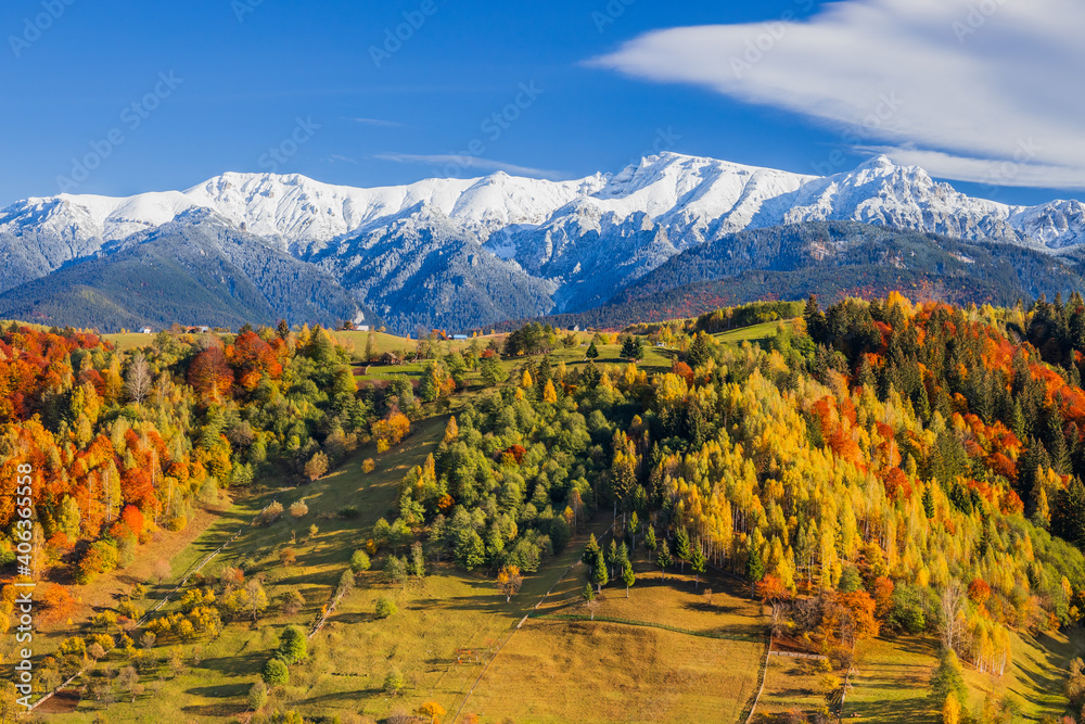 Brasov, Romania. Autumn in Moeciu Village. Rural landscape in the Carpathians, Romania.