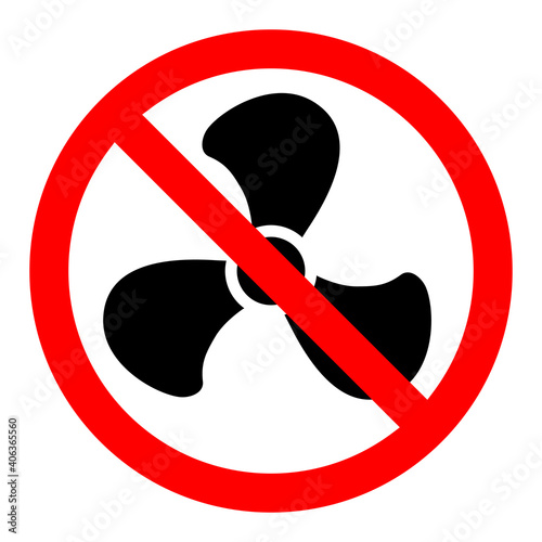 Stop or ban red round sign with fan icon. Vector illustration. Fan is prohibited